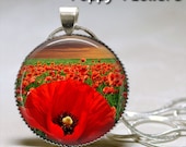 Poppy Flowers Round Glass Tile Dome Cabochon Pendant Necklace