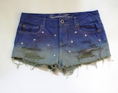 Studded and distressed blue/green gradient shorts