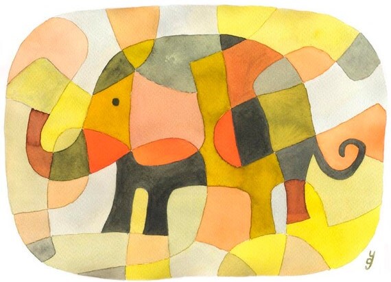 Nursery Art Print Kids Art Print Mid Century Modern Print of Elephant 1 pink yellow mustard orange black 8 x 10