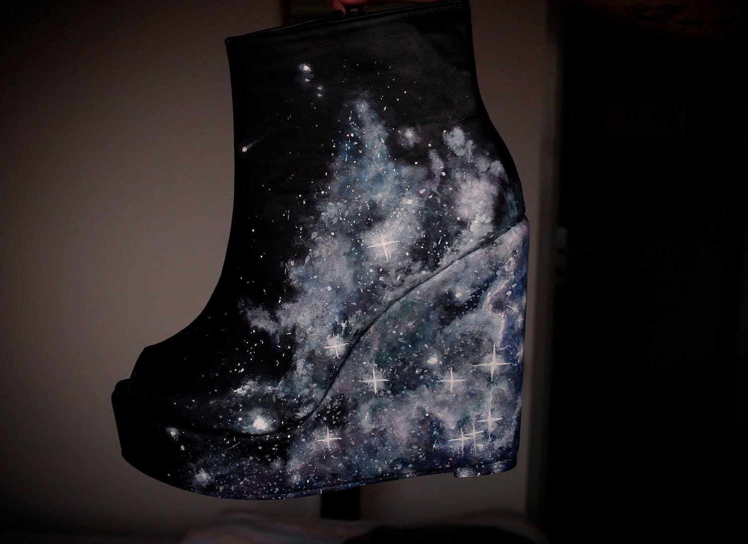 Handpainted galaxy wedges, nebula booties, hubble shoes
