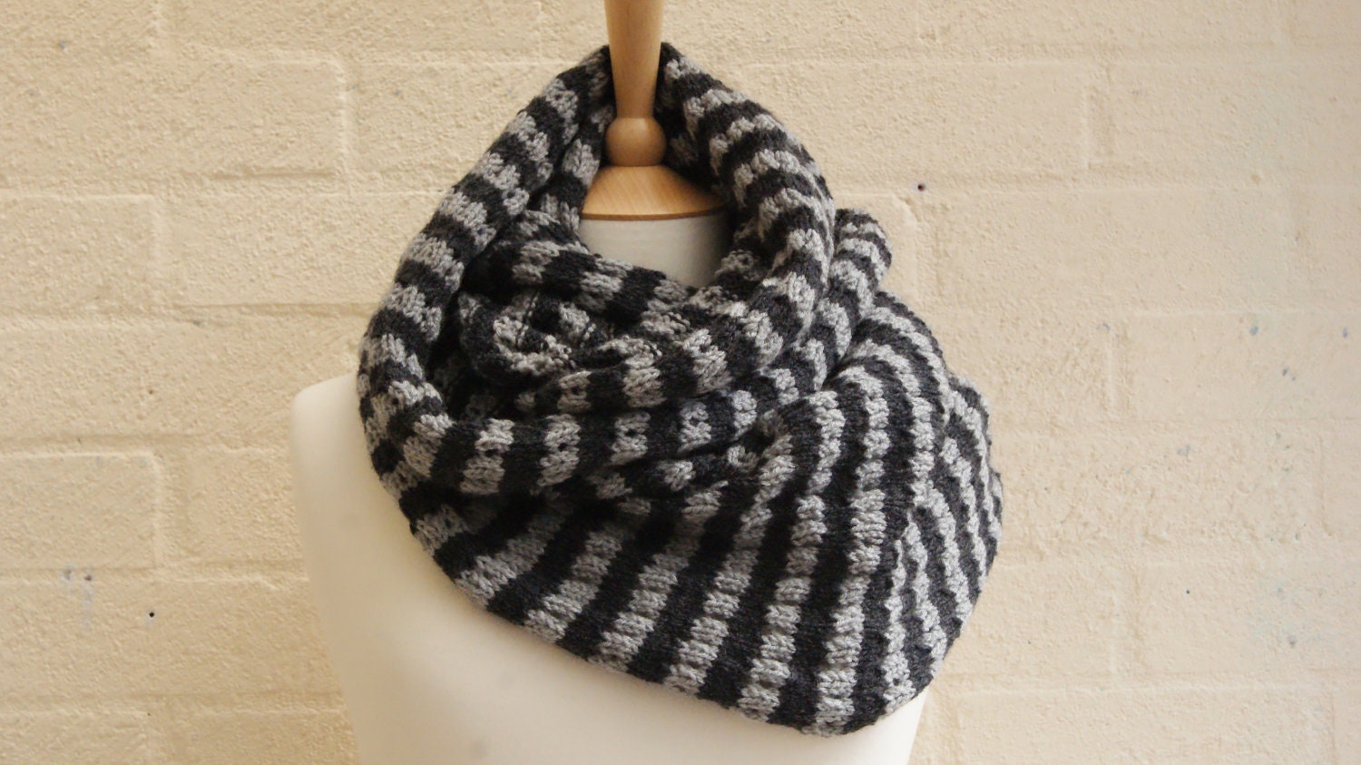 Knitted striped shades of grey infinity scarf, cowl
