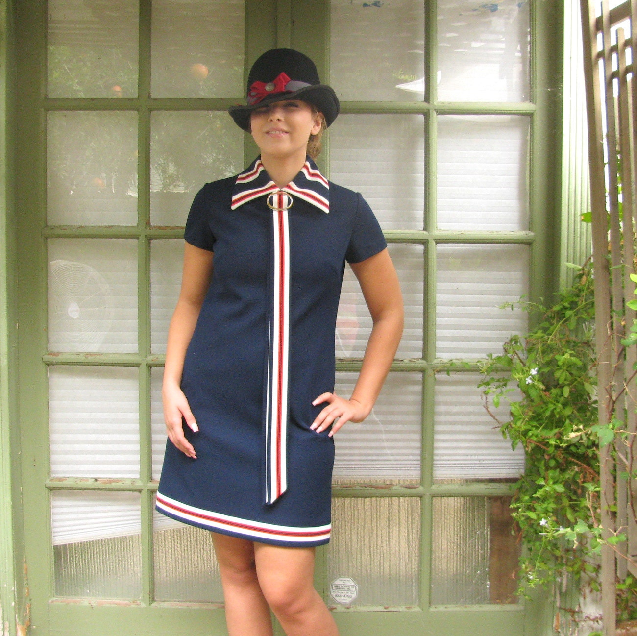 Vintage 1960's 70's Navy A Line Mod Preppy Mini Dress Nautical