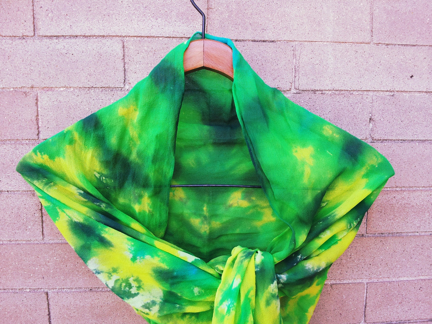 Green and Yellow Tie Dye Chiffon Silk Scarf 22"x90"