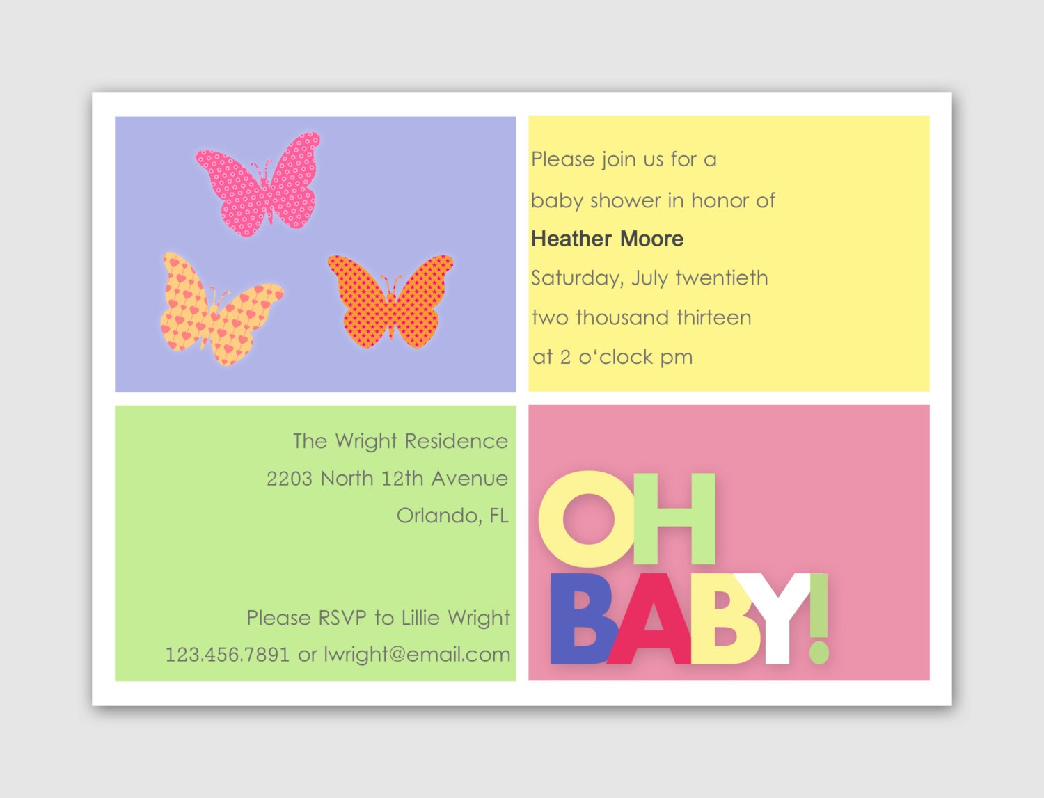 Oh Baby Butterlfy Simple Baby Shower Digital Printable Invitation JPEG File