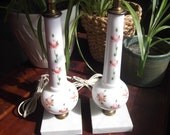 Vintage Pair Of Milk Glass Lamps With Painted Pink Rose Buds And Marble Bases