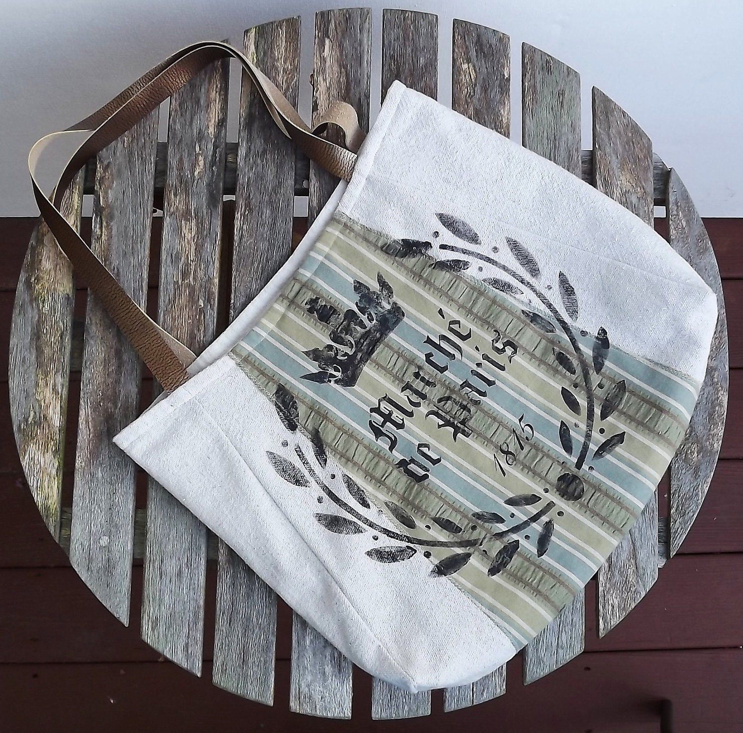 MARGUERITE: FEEDSACK TOTE - pale blue / aqua / sage green / tan stripe tote metallic bronze straps by Eurocentrics