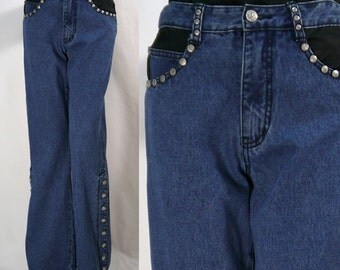 80s jeans brand studs flair sides buttons waist matching denim bell bottom metal cavaricci corative