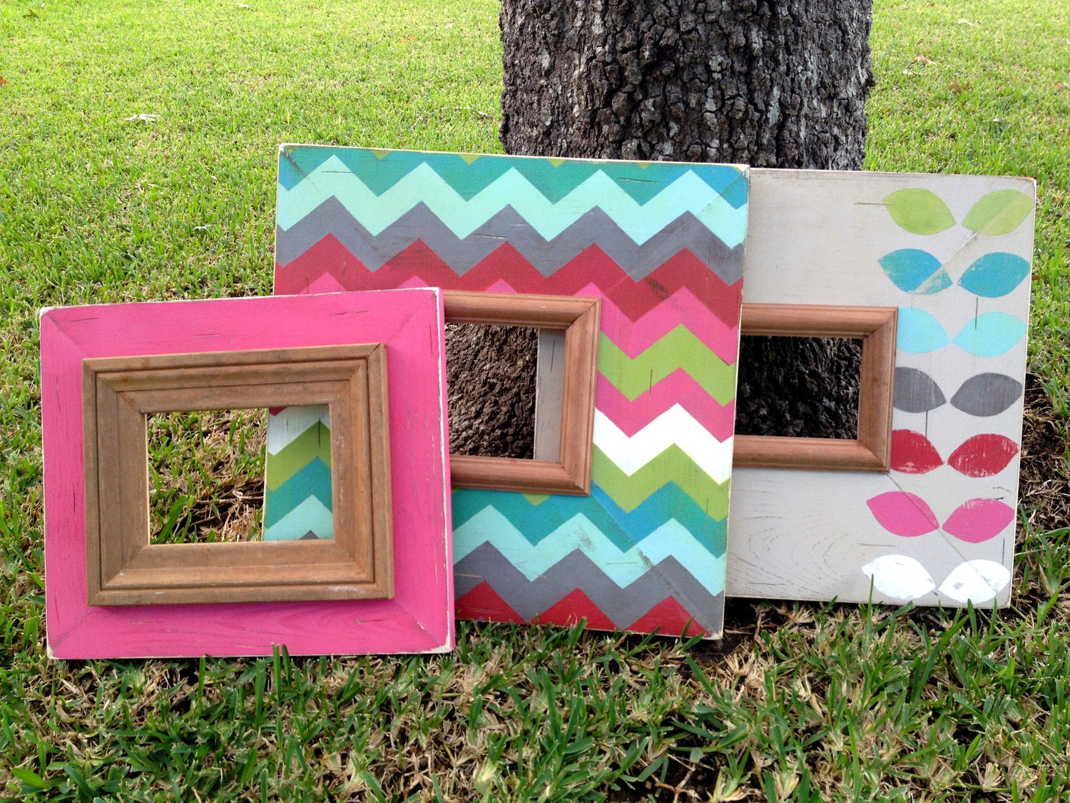 set of three distressed frames--chevron, leaf print, & solid 5x5, 4,x6 and 5x7 fun colors