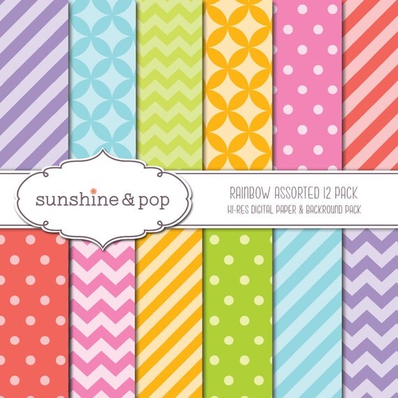 INSTANT DOWNLOAD - Rainbow Circus Patterns 12 Pack - chevron, polka dot, stripes, lattice - backgrounds and scrapbook paper Il_570xn