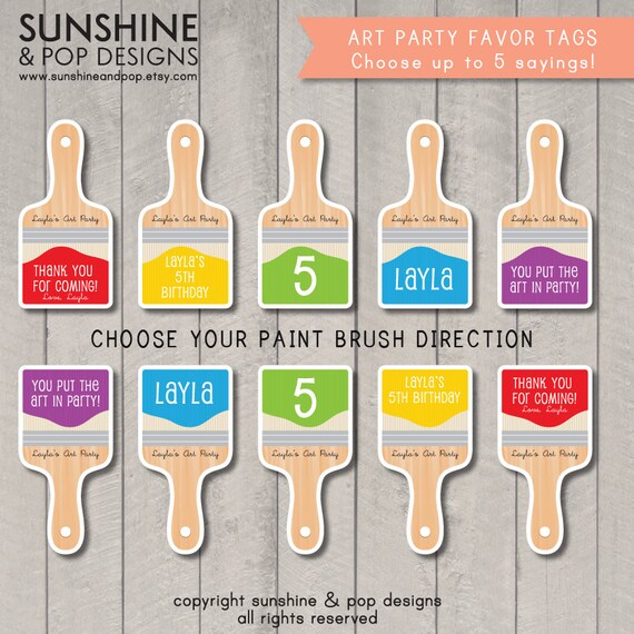 PERSONALIZED Rainbow Art Party Paint Brush Printables for Cupcake Toppers, Gift Tags, Party Favors, Food Labels, and More Il_570xn
