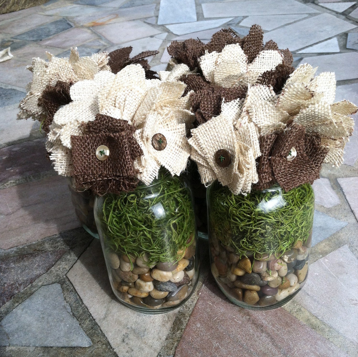 Mason Jar with Burlap Flowers Great for Weddings Parties Showers Gifts or Home Decor
