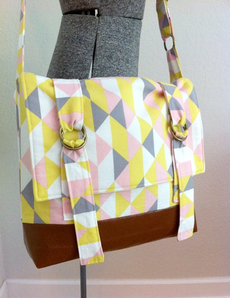 Women's Messenger Bag in Yellow, Pink & Gray Geometric Print