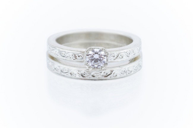 White Gold Diamond engagement ring and wedding band set. Hand engraved vine ornaments. Ring set. Vintage style.