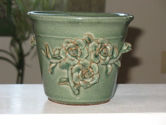 Vintage Green Ceramic Flower Pot Planter with by MyHeartlandHome