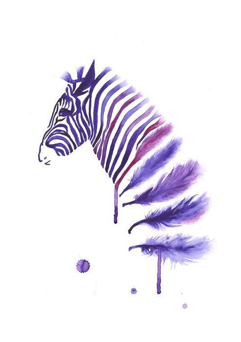 Purple Zebra Art Print A3, Wall Art Home Decor, Horse Art, Contemporary Modern Poster, Zebra Feather Watercolor - Mysoulfly