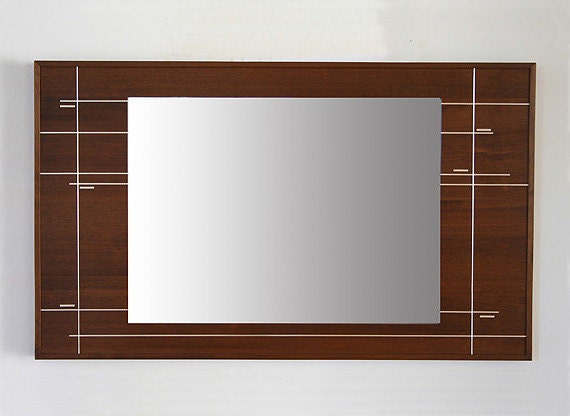 Wood frame mirror with silver inlay, Imbuia Wood Mirror, Dark Brown with a Silver Design