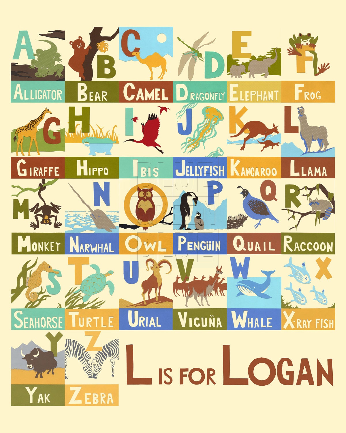 ABC Animal Alphabet Print with Custom Name by BlueGreenBlueDesign