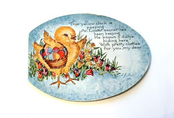 Vintage 1920s Easter Card- Baby Chick PAPER DOLL with Clothes- Unique and Rare