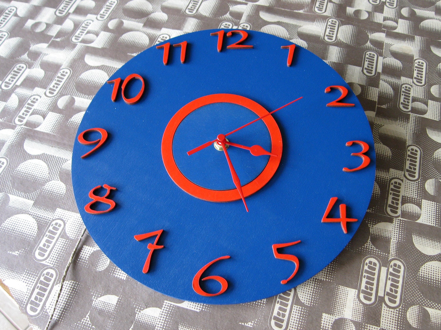 Wooden large round red blue wall clock kids children office home wall decor