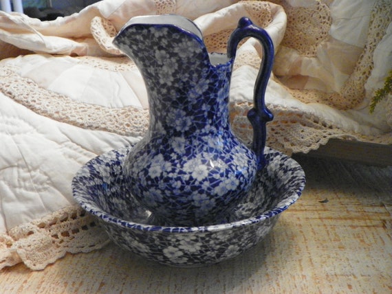 Victoria Ware Ironstone Blue Calico Pattern Bowl And Pitcher