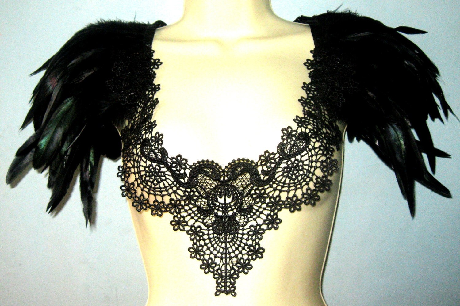 Steampunk collar black feather and lace burlesque statement collar corset top with epaulettes epaulets