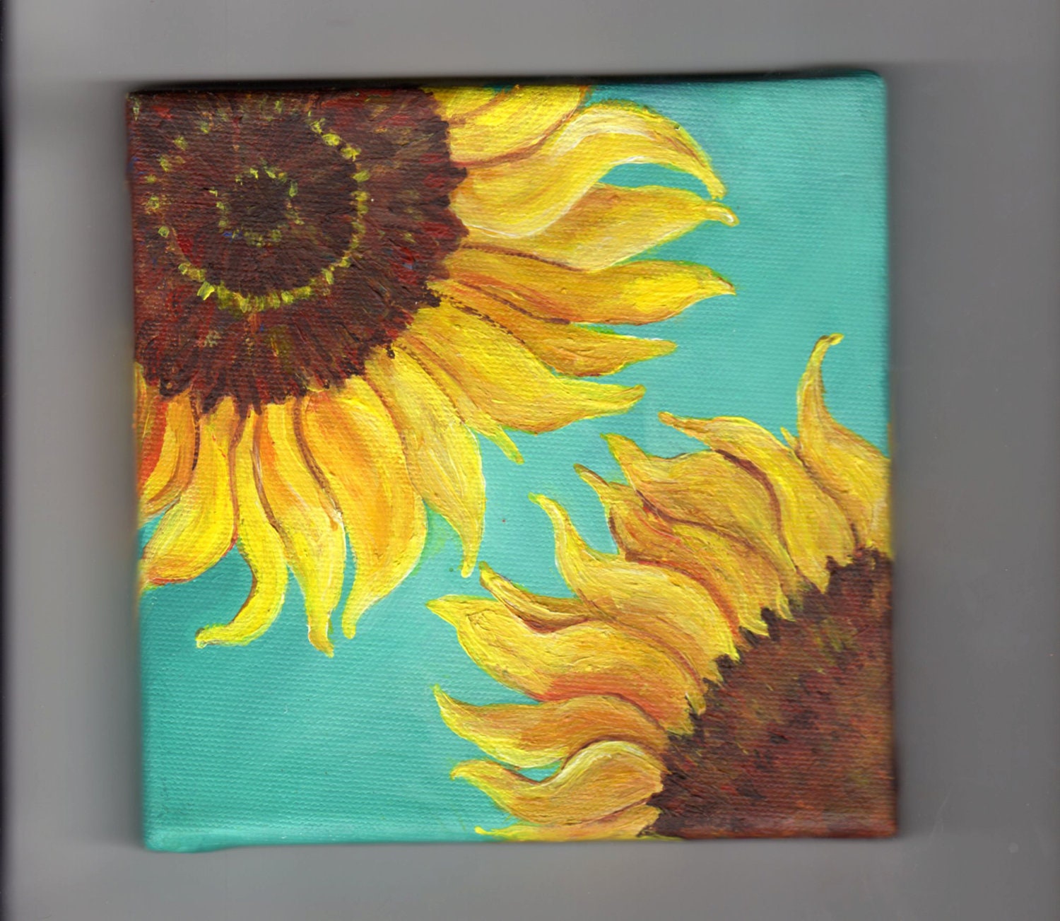 Original Sunflowers on Turquoise Painting on Canvas