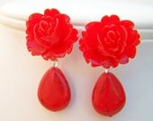 Red Rose Post Earrings - Farah - Bright Red Flowers & Stone Drops on Studs - Bridesmaids Flower Posts - polishedtwo