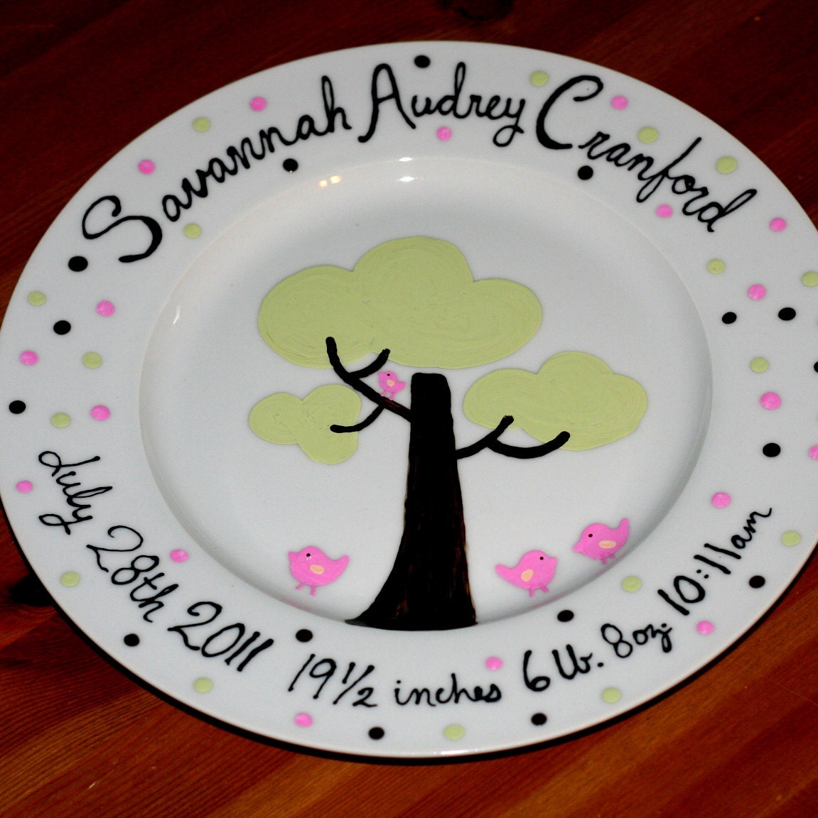 New baby name and birth statistics plate tree and birds handpainted 10.5 inch dinner plate