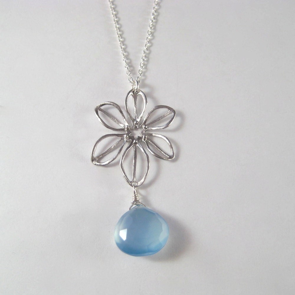 SALE Faceted Chalcedony Necklace, Gemstone Brass Flower Sterling Chain Necklace floral