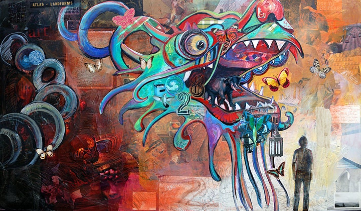 Dragon Kite painting with silhouette of a person 11X17 large print - chinese dragon collaged with teals and oranges