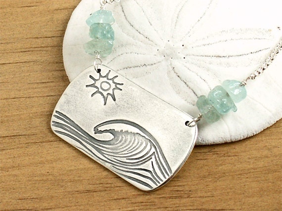 Aqua Wave necklace unique fine silver pendant on sterling chain with Aquamarine gemstone accents