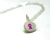 Breast Cancer Awareness Pink ribbon necklace - simple sterling silver hand stamped jewelry