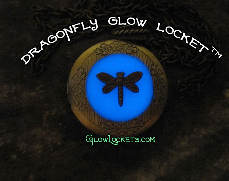 Dragonfly Glow Locket Blue Antiqued Brass