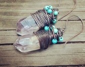 Quartz Dangle Earrings Crystal Point Drop Earrings Amethyst Earrings Rustic Jewelry DanielleRoseBean Wire Wrap Dangle  Earrings