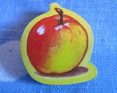 Apple Brooch. Vintage Wood Puzzle Piece with Gift Tag from 1960s. lapel Pin Badge.