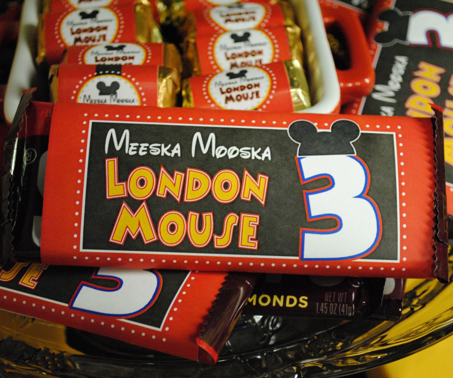 Hershey Bar Candy Label Wrap Inspired by Mickey Mouse Club in Red, Black, Yellow w/ Mouse Ears, Fun Nutrition Info - Personalized Printable
