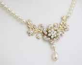 Gold Wedding Necklace Pearl Crystal Bridal Necklace Flower Necklace Swarovski Pearl Necklace Vintage Wedding Jewelry, SABINE CLASSIC