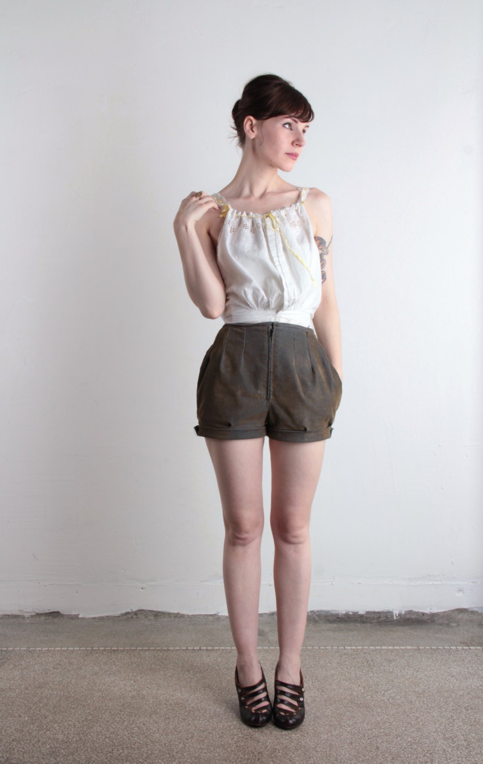 Antique Blouse . 1900s Cotton Shirt . Crop Top Yellow Ribbon