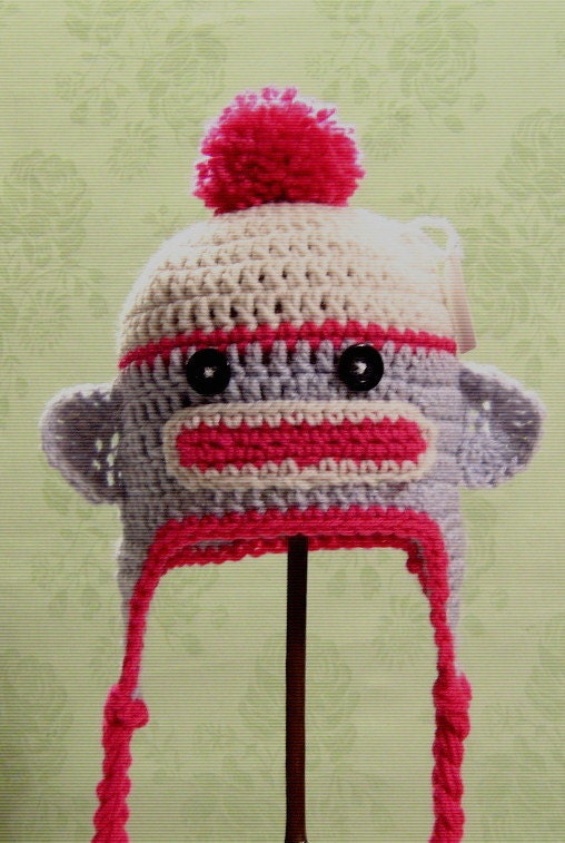 Grey and Hot Pink Sock Monkey Hat