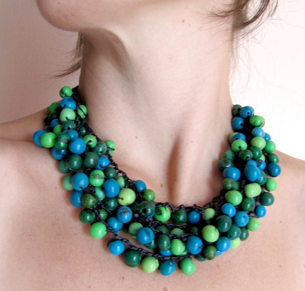 organic blue green bead necklace crochet