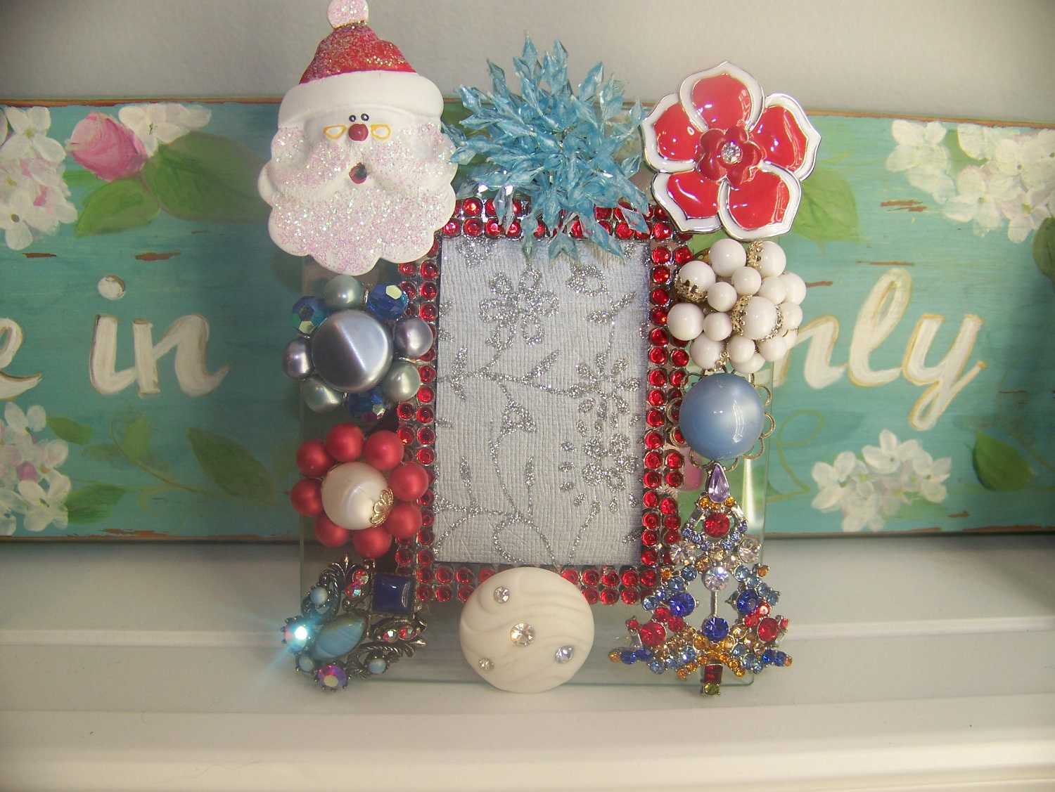Multicolored Blue Red Rhinestone Christmas Tree Santa  Holiday Jeweled Glass Picture Frame