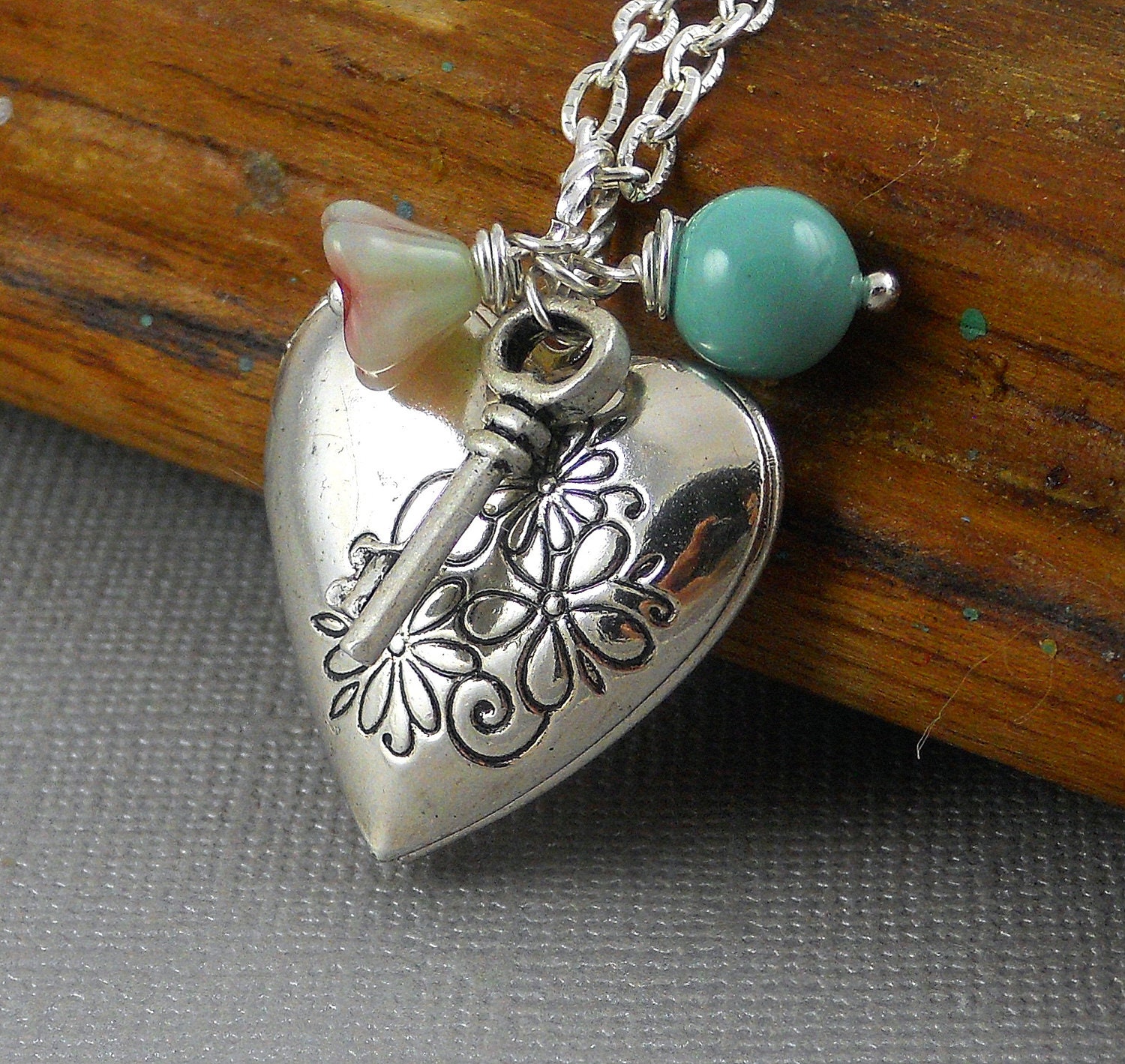 Vintage Inspired Silver Heart Shaped Locket, Key Necklace, Swarovski Aqua Pearl, Flower Necklace,Pistachio cranberry- HER LOST KEY