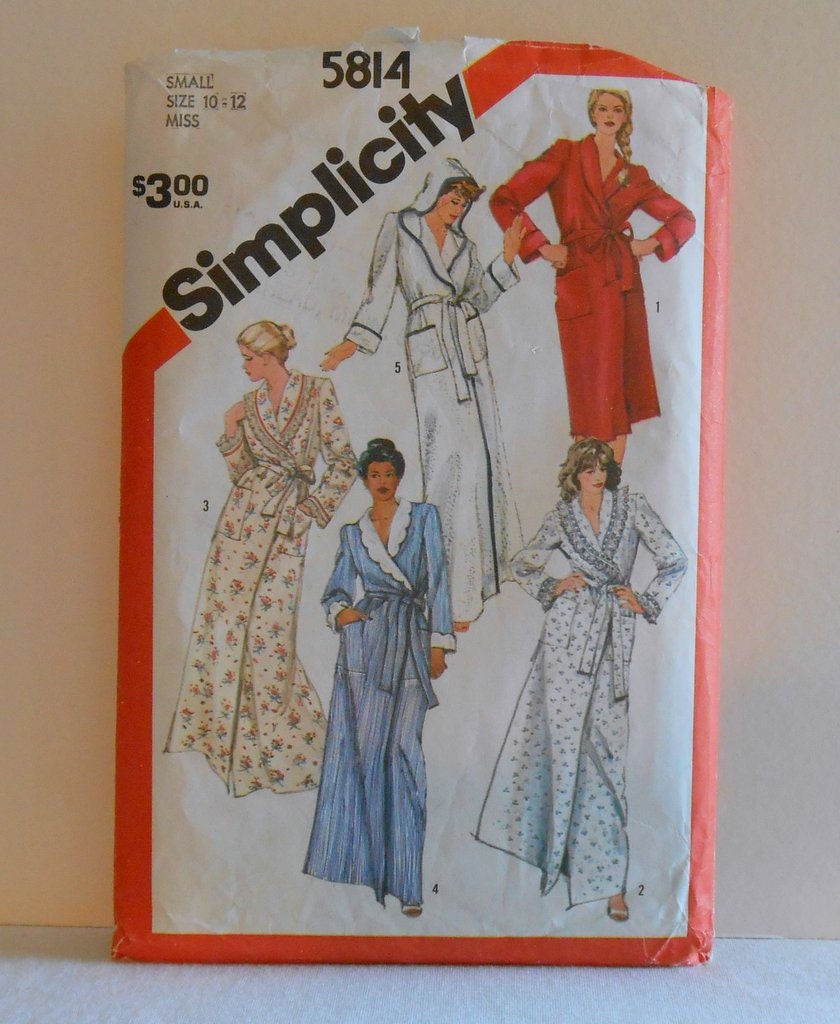 Women's Shawl Collar or Hooded Robe Size 10-12 Vintage Simplicity 5814 Sewing Pattern