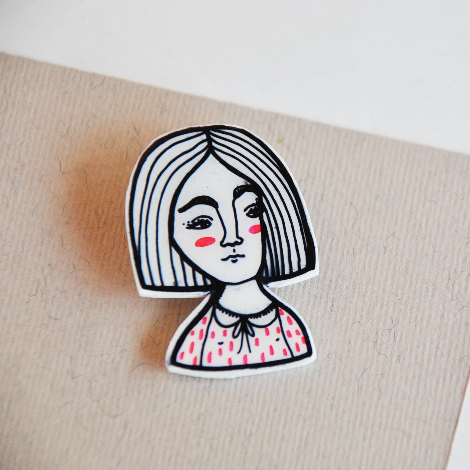brooch white plastic portrait pin - Claire