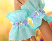 Mint Green Lace Cuffs with Lavender Roses - French Fashion - Tea Party - Alice In wonderland