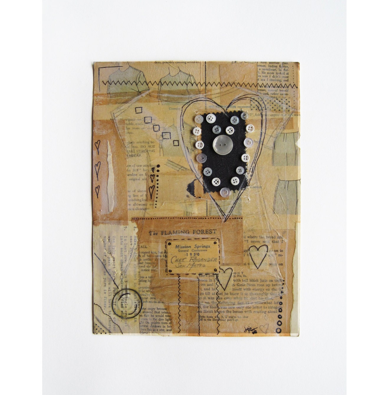 Original Collage Mixed Media Art Sewing Themed with Hearts and Buttons