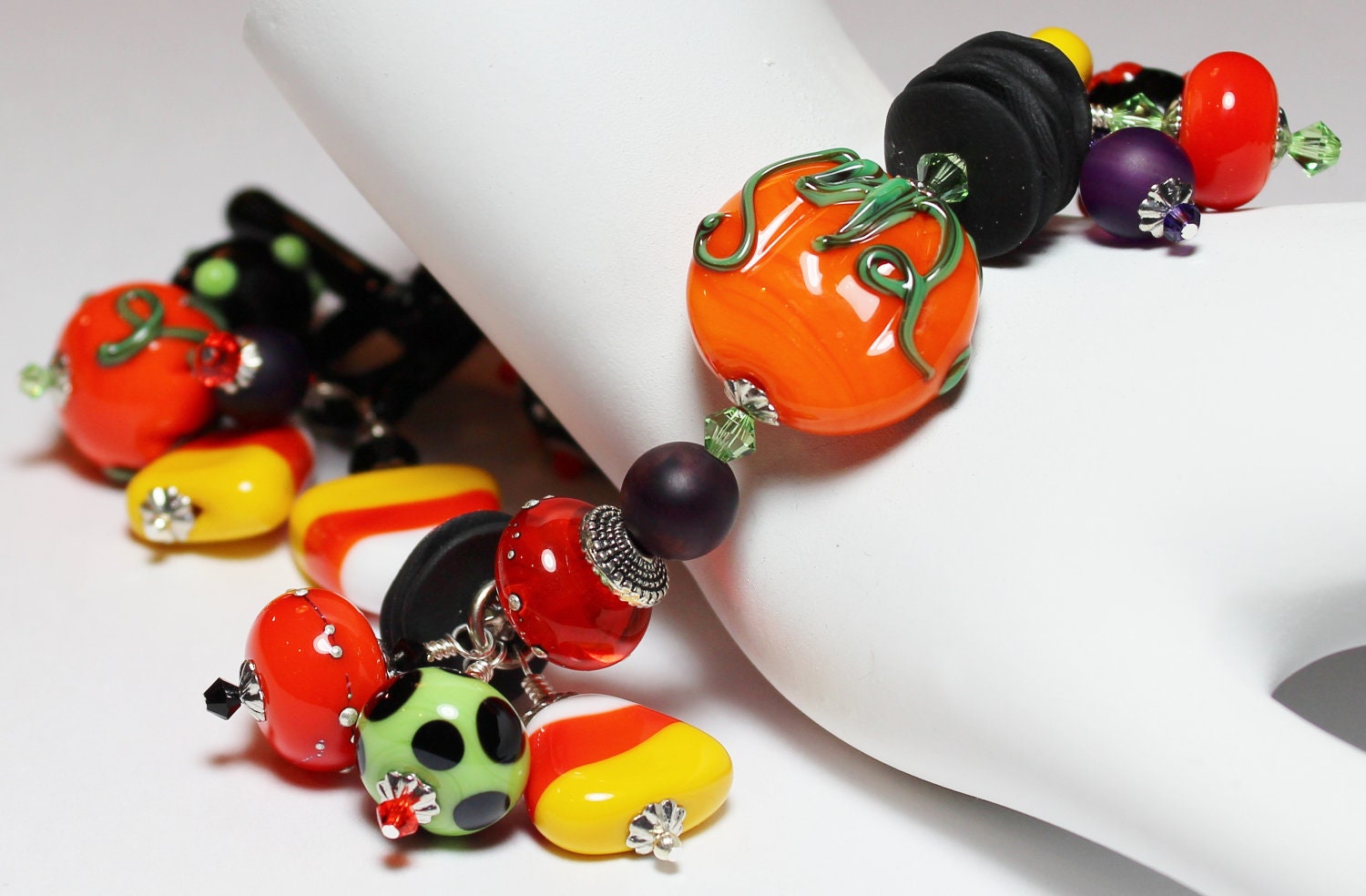 Handmade Jewelry Bracelet Beaded Lampwork Crystal Cha Cha Halloween Orange Black Green Purple Silver Pumpkin Candy Corn...Hocus Pocus