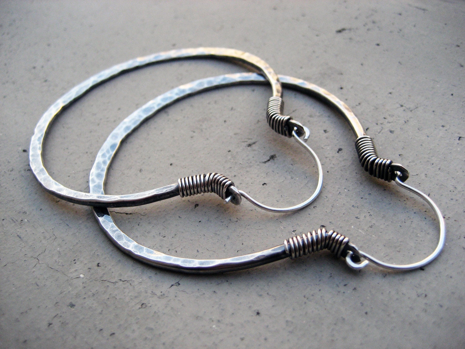 Sterling Silver Hoop Earrings, Big Size, Metalsmithed, Hip, Ethnic, Gypsy, Handmade