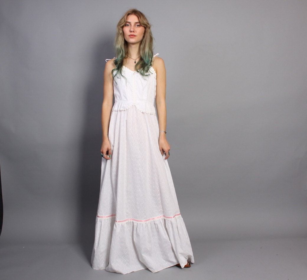 1970s WHITE EYELET Sun DRESS / Crochet Trim Peplum Maxi, xs