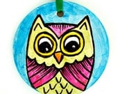 Owl Ornament Ceramic Pink Blue Green Modern Woodland Folk Art Painted Personalize Customize Home Decor - READY TO SHIP